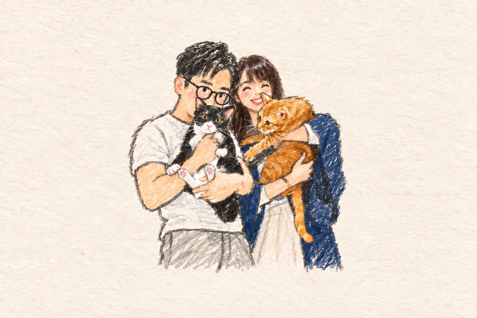 A crayon drawing of Ngan In and Chi Wo holding their two cats on handmade cream paper.